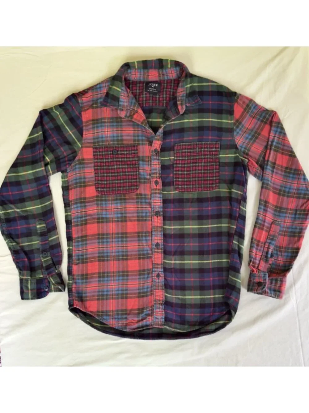 J. Crew Mens M Patchwork Flannel Shirt Mixed Plaid Tartan Cotton